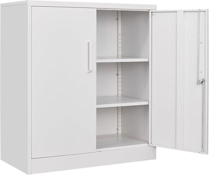 SISESOL White Metal Storage Cabinet with Doors and Shelves,36 inch Small Metal Cabinet with Lock,Short Garage Storage Cabinets,Locking Steel Cupboard for Home,Office,Kitchen,Garages