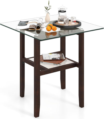 Tangkula 24" Square Glass Side Table, 2-Tier End Table with Storage Shelf & Rubber Wood Frame, Modern Accent Sofa Table for Living Room, Home, Office, Brown (1, Brown)