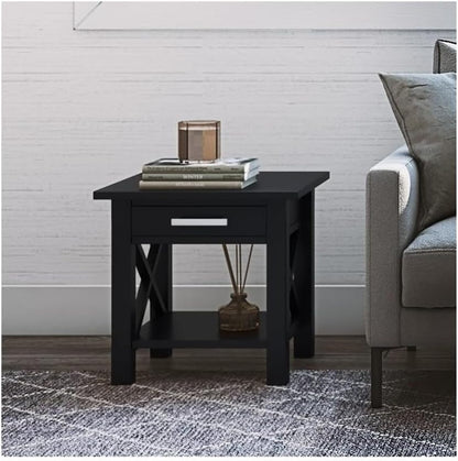 Pemberly Row Solid Wood End Table with Storage, Black Finish, 20.5" W x 20.5" D x 20" H, One Drawer and Shelf, Square Contemporary Design, Living Room or Bedroom Side Table