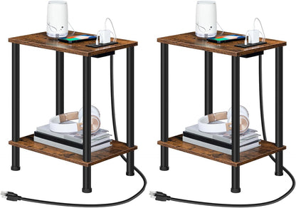 HOOBRO Side Table with Charging Station, Set of 2 End Tables with USB Port and Outlets, Nightstand with 2-Layer Storage Shelves for Small Spaces, Living Room, Bedroom, Rustic Brown BF09UBZP201