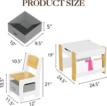 Kids 4‑in‑1 Wooden Table & 2 Chairs Set Brown | 4‑in‑1 double‑sided tabletop, multi‑storage, burr‑free wood, waterproof finish, for kids drawing reading craft activities