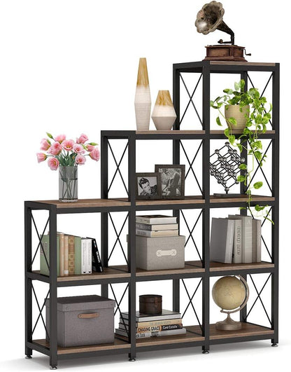 Tribesigns 12 Shelves Bookshelf, Industrial Ladder Corner Bookshelf 9 Cubes Stepped Etagere Bookcase, Rustic 5-Tier Display Shelf Storage Organizer for Home Office (Rustic Brown)