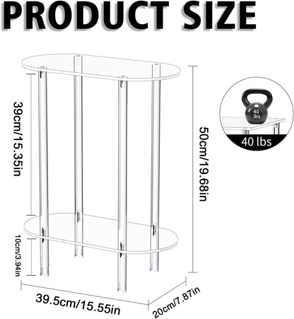 Modern Clear Acrylic Narrow Side Table for Small Spaces, 15.55" L x 7.87" W x 19.68" H, 2 Tier Oval End Table Nightstand, Small Bedside Table for Bedroom, Bathroom, Living Room(Oval)
