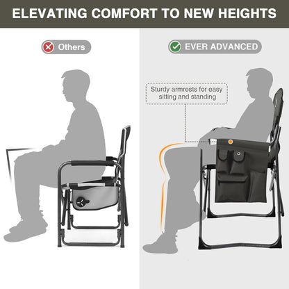 EVER ADVANCED Lightweight Aluminum Director Camping Chair, 350 lb Capacity | 19" Joint-Friendly Seat for Easy Standing with Side Table, Cup Holder & Storage, Ideal for Camping, Makeup Artists, Vendors