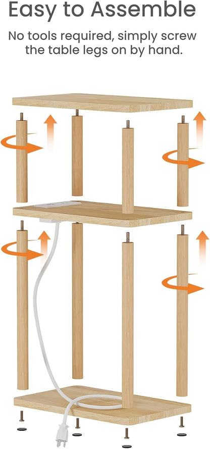 LUCKNOCK Solid Wood Side Table with Charging Station, 3-Tier Small End Table with USB Ports and Outlets, Narrow Couch Side Table, Skinny Nightstand Bedside Table for Small Spaces, Bedroom, Living Room