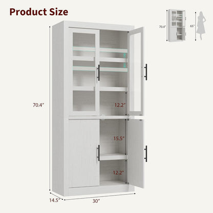 Farmhouse Kitchen Pantry Storage Cabinet, 70.5" Tall Wood Cupboard with 4 Doors and Adjustable Shelves, Rustic White Freestanding Organizer for Kitchen, Dining Room, White