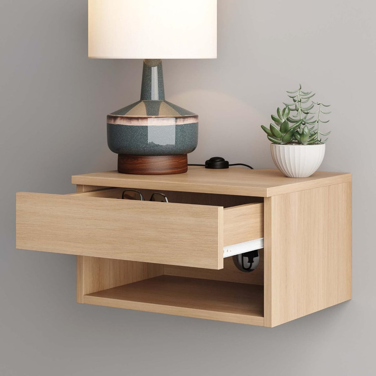 Nathan James Jackson Wall Mounted Floating Bedroom Nightstand with Storage Drawer and Modern Open Shelf Cubby, Light Oak Wood