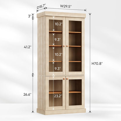 70.8" Tall Farmhouse Modular Kitchen Pantry Cabinet with Glass Doors, Wooden Storage Hutch with 6-Tier Adjustable Shelves, Set of 3, Brown