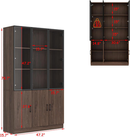 78.7" H Tall Kitchen Pantry with 3 Color LED Light, Modern Cupboard with Glass Doors, Metal Frame & Wood Grain, Large Display Storage Cabinet with Shelves for Living Dining Room, Brown