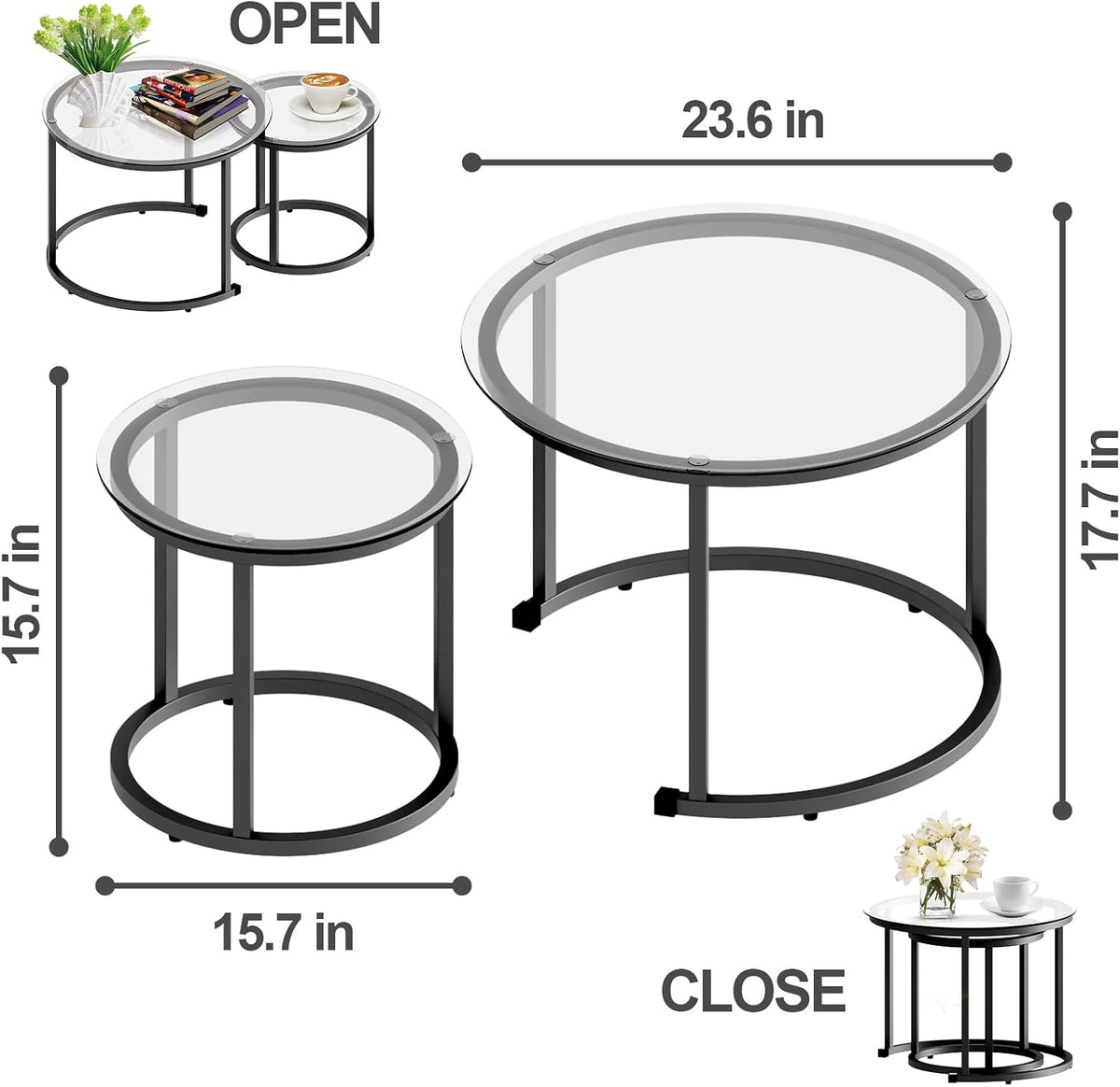 aboxoo Black Nesting Coffee Glass Table Set of 2, Metal Freme Side End Tables for Living Room Bedroom for Apartment Small Place Modern Industrial Simple, 23.6D x 23.6W x 17.7H in