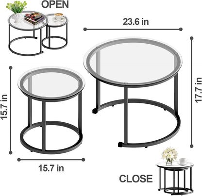 aboxoo Black Nesting Coffee Glass Table Set of 2, Metal Freme Side End Tables for Living Room Bedroom for Apartment Small Place Modern Industrial Simple, 23.6D x 23.6W x 17.7H in