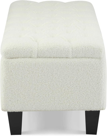 Ottoman Bench with Storage - Beige Storage Bench End of Bed with Safety Hinges, Tufted Ottoman for Living, Dining Room, Entryway and Hallway