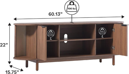 Walker Edison Chloe Curved Reeded TV Stand, Sliding Doors, 65 Inch, 60 inch, Mocha
