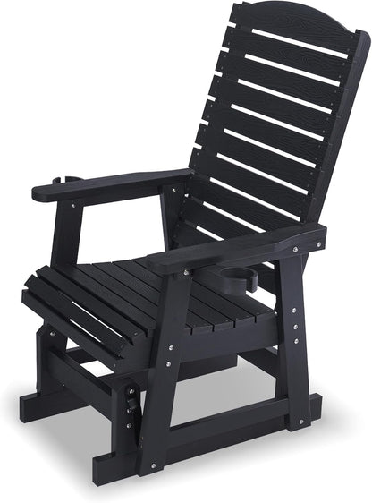 Poly Lumber Patio Glider for One Person, with Cup Holders, High Backrest and Deep Contoured Seat, HIPS Material, All-Weather Resistant, Heavy Duty 700 Pounds (Black)
