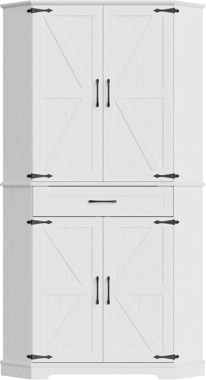 IRONCK 72" Corner Pantry Cabinet with Drawer and 4 Doors, White | Kitchen Pantry Storage Cabinet with 3 Adjustable Shelves, 2 Doors Storage, for Kitchen and Dining Room