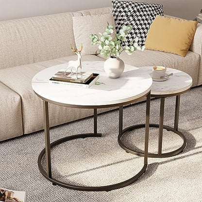 aboxoo Round Nesting Coffee Table Side Table Set of 2 End Tables for Living Room Bedroom Balcony, White Faux Marble Wooden Table Accent Coffee Table with Black Steel Frame