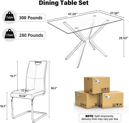 yeag Modern Rectangular Glass Dining Table Set for 4, 47" Clear Tempered Glass Kitchen Table with Gold Metal Legs & 4 White PU Faux Leather Upholstered Dining Chairs for Home, Dining Room, Office