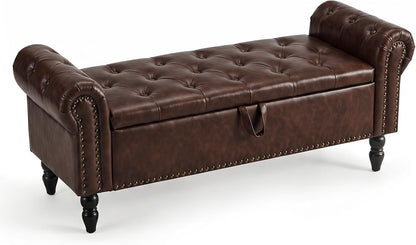 Furniliving 51” End of Bed Storage Bench, Bedroom Bench with Button-Tufted, Upholstered Storage Ottoman Benches Window Bench with Storage, Leather Bench for Living Room, Entryway, PU, BlackBrown