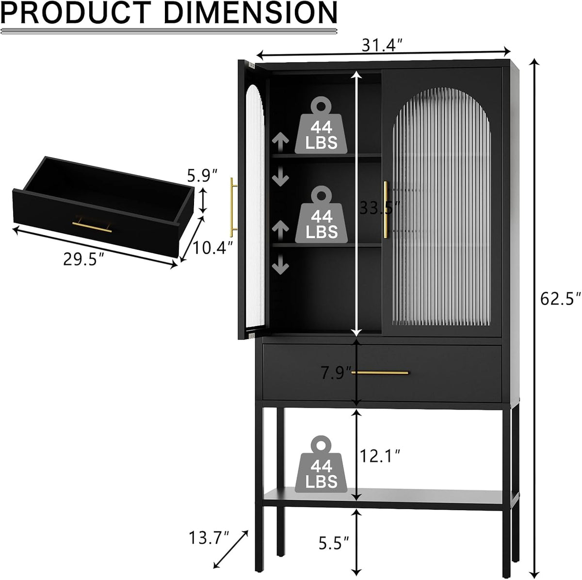 63" Tall Metal Storage Cabinet with Glass Doors, Kitchen Pantry Cabinet with Drawers & Adjustable Shelves, Freestanding Metal Cabinet for Kitchen, Dining Room and Home Organization Black