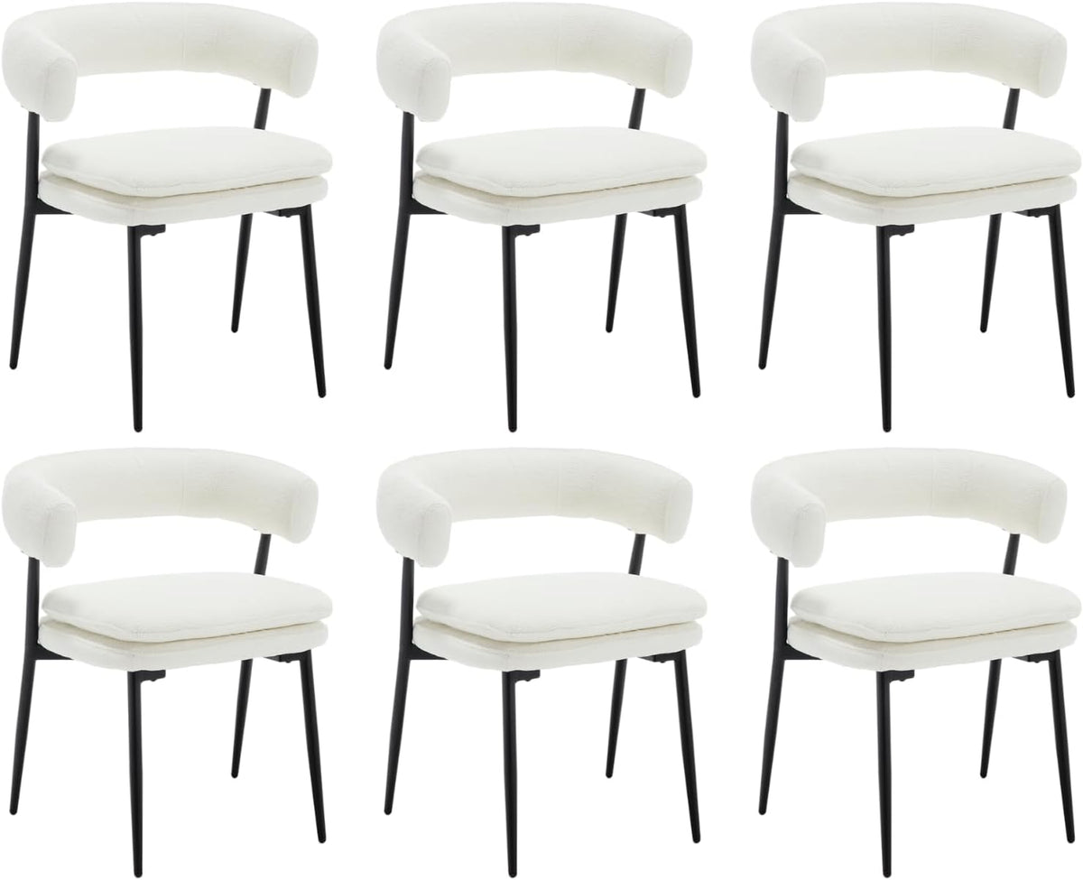 Shunzhi White Upholstered Dining Chairs Set of 6 Modern Barrel Boucle Fabric Dining Room Chairs Comfy Kitchen Chairs Chenille Armless Side Chair with Curved Back for Living Room/Restaurant