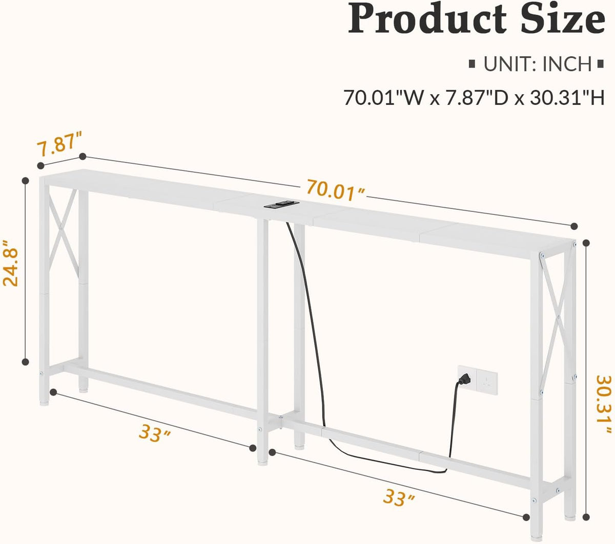 Gewudraw 70 in Skinny Sofa Table Behind Couch, Console Table with Oulets & USB Ports for Hallway, Entryway,Living Room, Bedroom, White