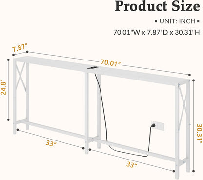 Gewudraw 70 in Skinny Sofa Table Behind Couch, Console Table with Oulets & USB Ports for Hallway, Entryway,Living Room, Bedroom, White