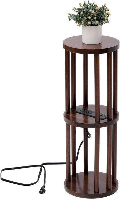 9 x25 Fully Assembled Walnut Wood Round Drink Table with Charging Station, Mid-Century Modern Circle Wood Accent Pedestal Table for Living Room or Small Bedroom Nightstand
