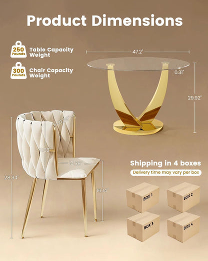 47.2" Round Glass Dining Table Set for 4, Modern Kitchen Table with 4 Upholstered Velvet Chairs, Tempered Glass Top with Golden Steel Base, 5 Pieces Dining Table Set for Small Space - Beige