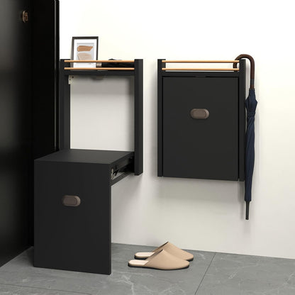 Wall Mounted Folding Shoe Changing Stool, Foldable Bathroom Seating Space Saving Wood Fold Down and Up Chair for Entryway, Bedroom, Hallway, Living Room, Black