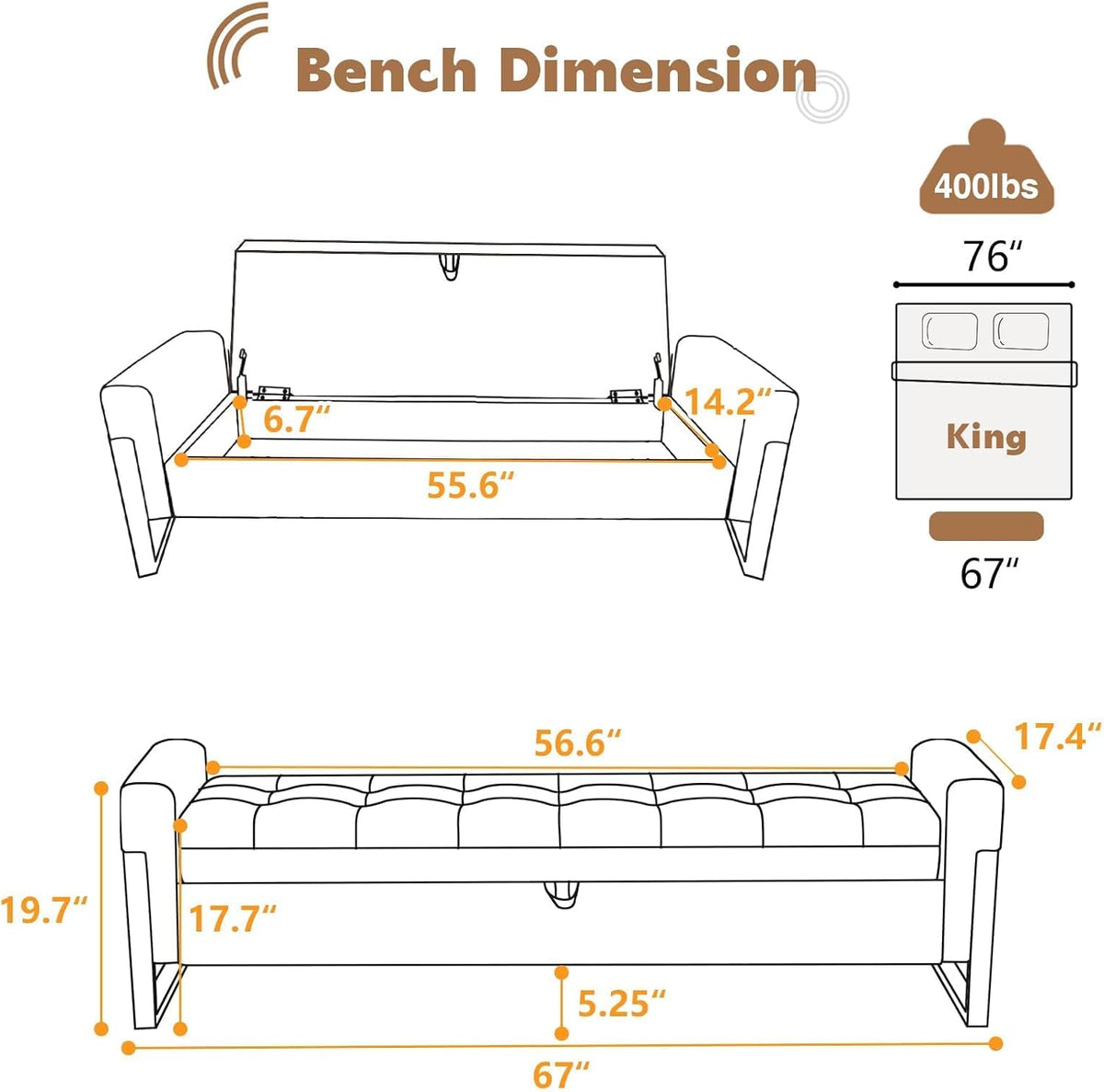 67" Storage Bench for Bedroom End of Bed King Size, Light Cream | Double Lids, Upholstered Faux Leather Storage Bench with Golden Legs for Foot of Bed Window Living Room Entryway