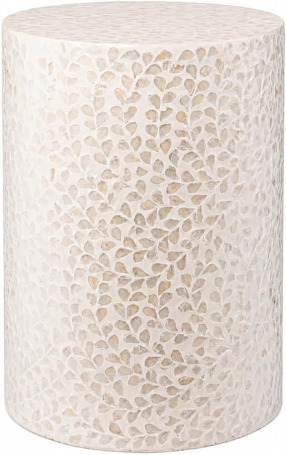 PEMAR Capiz Shell Cylinder Drum End Table Nacre Side Table Stool Accent Coffee Bedside Round Nightstand and Vanity Stool White Cream Floral Vine Pattern 13" Diameter x 19.3" High