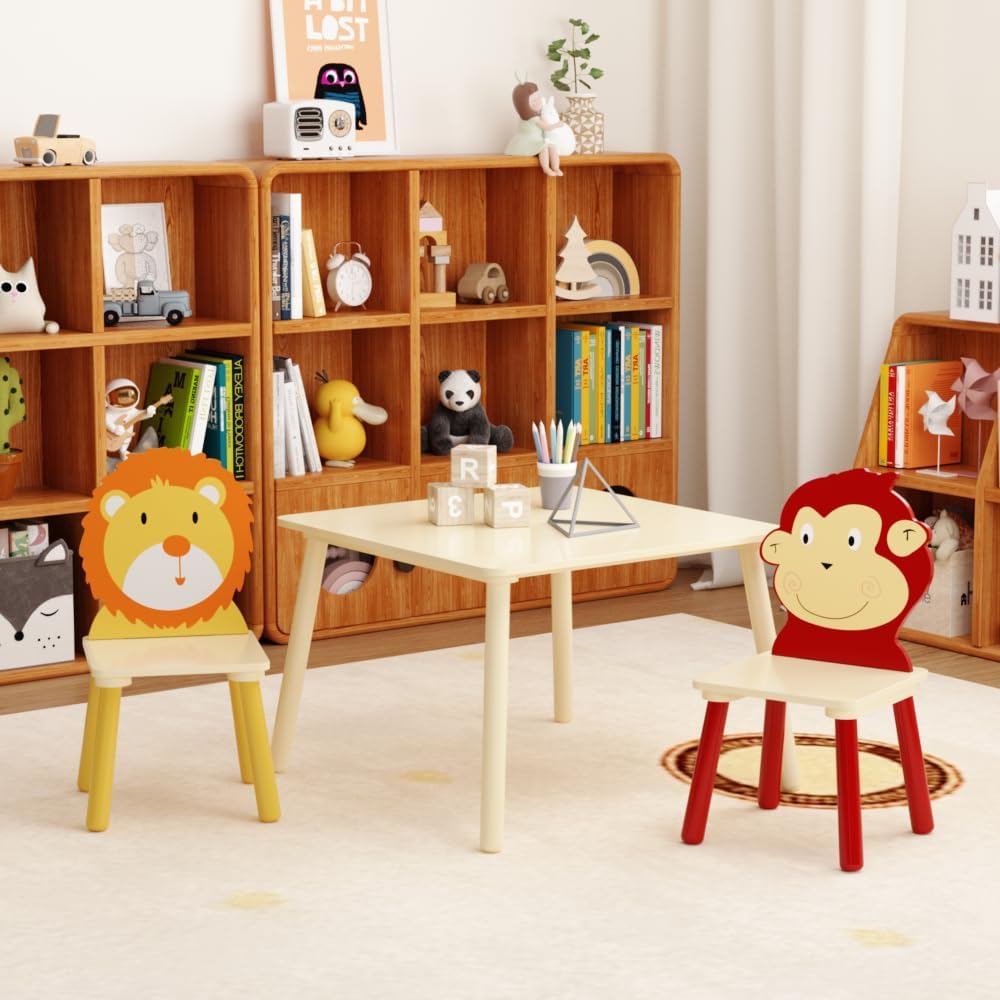 Kids Table and 2 Chairs Set, 3 Pieces Toddler Table and Chair Set, Wooden Activity Play Table Set (Lion&Monkey) (Yellow + Red)