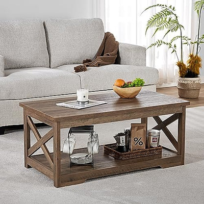 AMERLIFE 3 Piece Farmhouse Living Room Coffee Table Set, Barnwood | Coffee Table & 2 End Tables with Charging Station and USB Ports, Farmhouse Style, Barn Door Design, Living Room Furniture