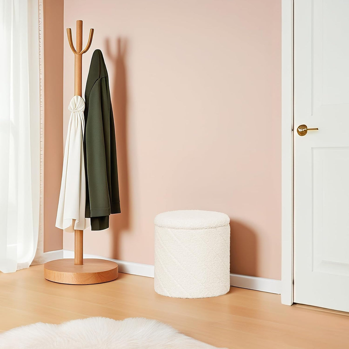 B FSOBEIIALEO Ottoman with Stroage, Boucle Round Storage Ottoman with Tray, Foot Rest Stool for Dorm Room, Living Room White, 12.99"x12.99"x13.78"