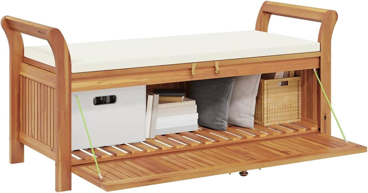 Gecheer Garden Storage Bench with Cushion, Solid Wood Acacia 126 cm Outdoor Seat with Storage Space for Patio Garden Backyard