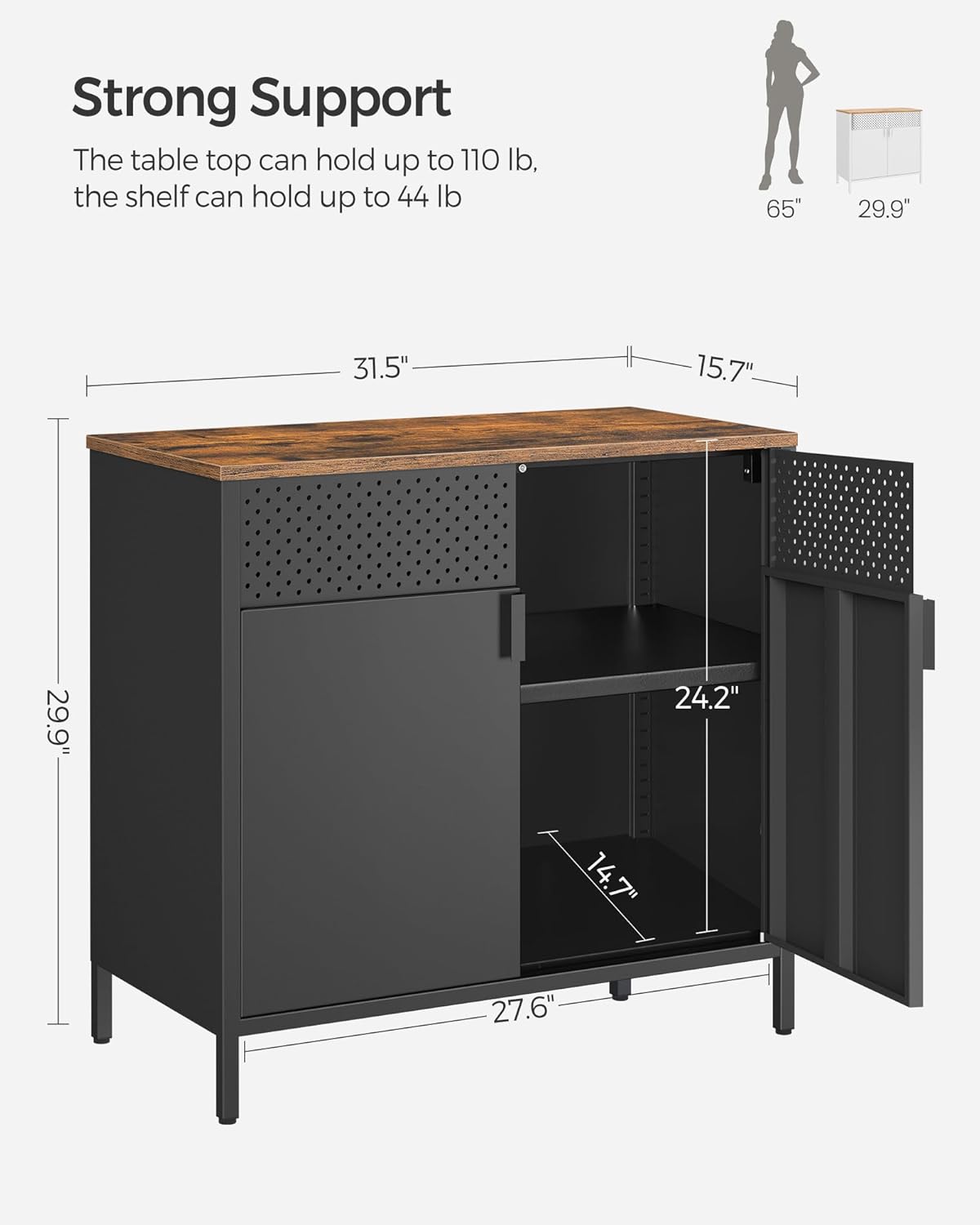 SONGMICS Storage Cabinet, Metal Cabinet, Sideboard with 2 Doors, 15.7 x 31.5 x 29.9 Inches, Magnetic Closure, Adjustable Shelf, Steel Frame, Rustic Brown and Black ULSC102B01