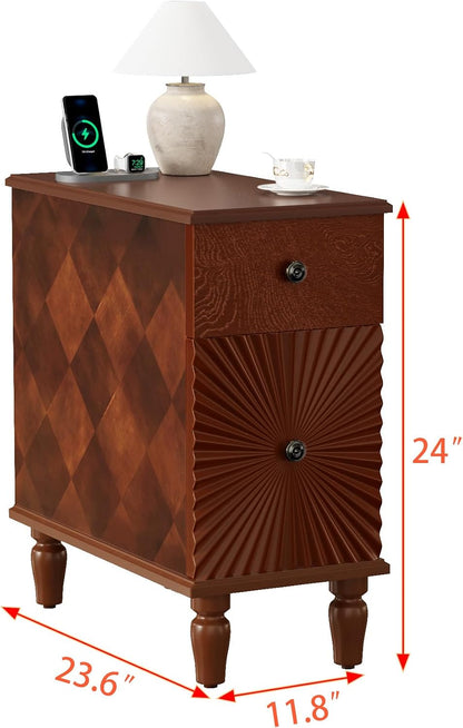 Narrow End Table with Charging Station，Modern Sofa Side Table with 2 Drawers，Narrow Side Tables with Storage Cabinet, Wood Slim Nightstand, End Tables for Living Room, Bedroom