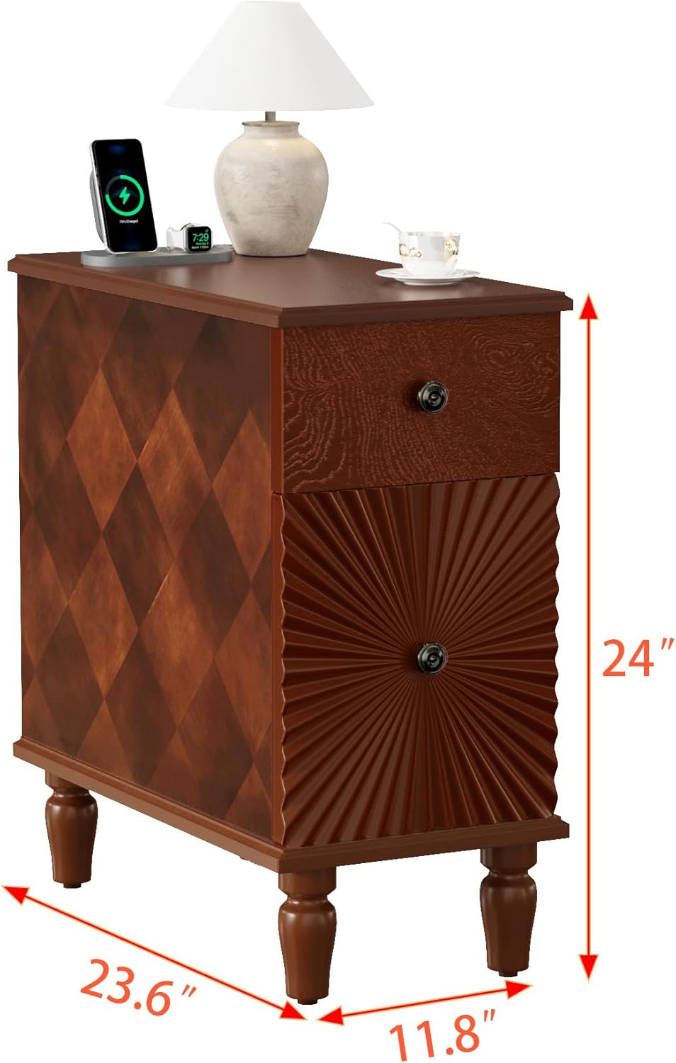 KEIKI Narrow End Table with USB Ports & Outlet, Wooden 2 Drawer Sofa Side Table, Small Corner Nightstand Bedside Tables, Coffee Drink Table for Living Room & Bedroom, Easy Assembly, Brown