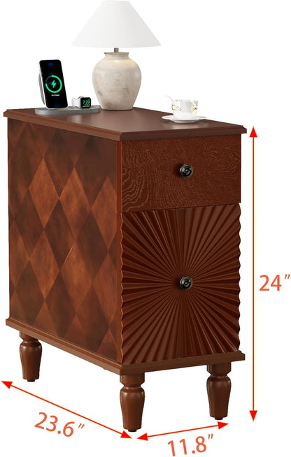 KEIKI Narrow End Table with USB Ports & Outlet, Wooden 2 Drawer Sofa Side Table, Small Corner Nightstand Bedside Tables, Coffee Drink Table for Living Room & Bedroom, Easy Assembly, Brown