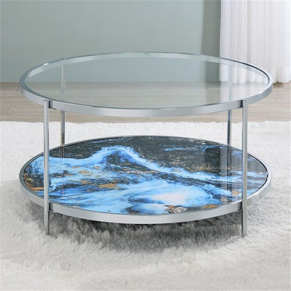 Pemberly Row 3-Piece Coffee & End Table Set, Engineered Wood, Blue Faux Marble & Glass, Chrome Frame, Contemporary Style Living Room Tables, Reversible Panels for Flexible Design