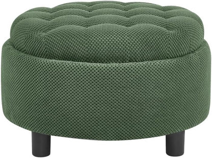 25Inch Round Storage Ottoman with Tray, ModernTufted Fabric Circle Coffee Table with Storage, Upholstered Ottoman with Removable Top for Living Room, Bedroom. (Dark Green + Wood+Fabric + Foam)