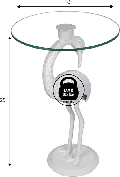 JONATHAN Y Blanche 25" White Iron and Glass Flamingo End Table with Sculptural Base, Round Accent Side Table for Living Room, Bedroom, Coastal Decor, White END1006C