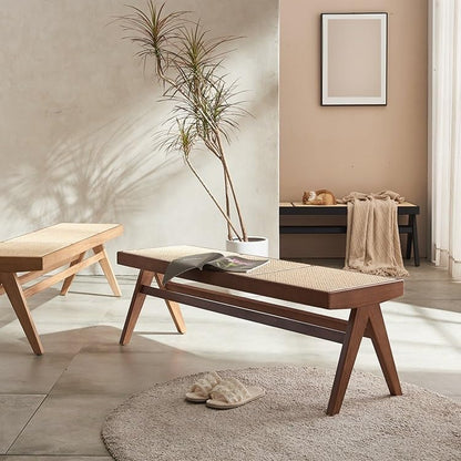 Entryway Stool Rattan Wooden Shoe Bench Bedroom Bedside Bench Wabi-sabi Style Retro Long Bench Shoe Changing Stool