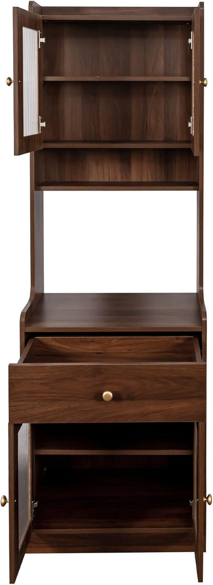 Dancongtea Kitchen Pantry Hutch Storage Cabinet Farmhouse Buffet Sideboard with Microwave Stand and Cable Management Walnut for Kitchen Dining Room Coffee Bar
