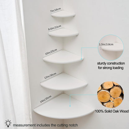 Corner Shelf, White Solid Oak Wood Floating Corner Shelves Wall Mount Round End Floating Speaker Rack Display Shelf for Small Plant Photo Frame (White, 7in)
