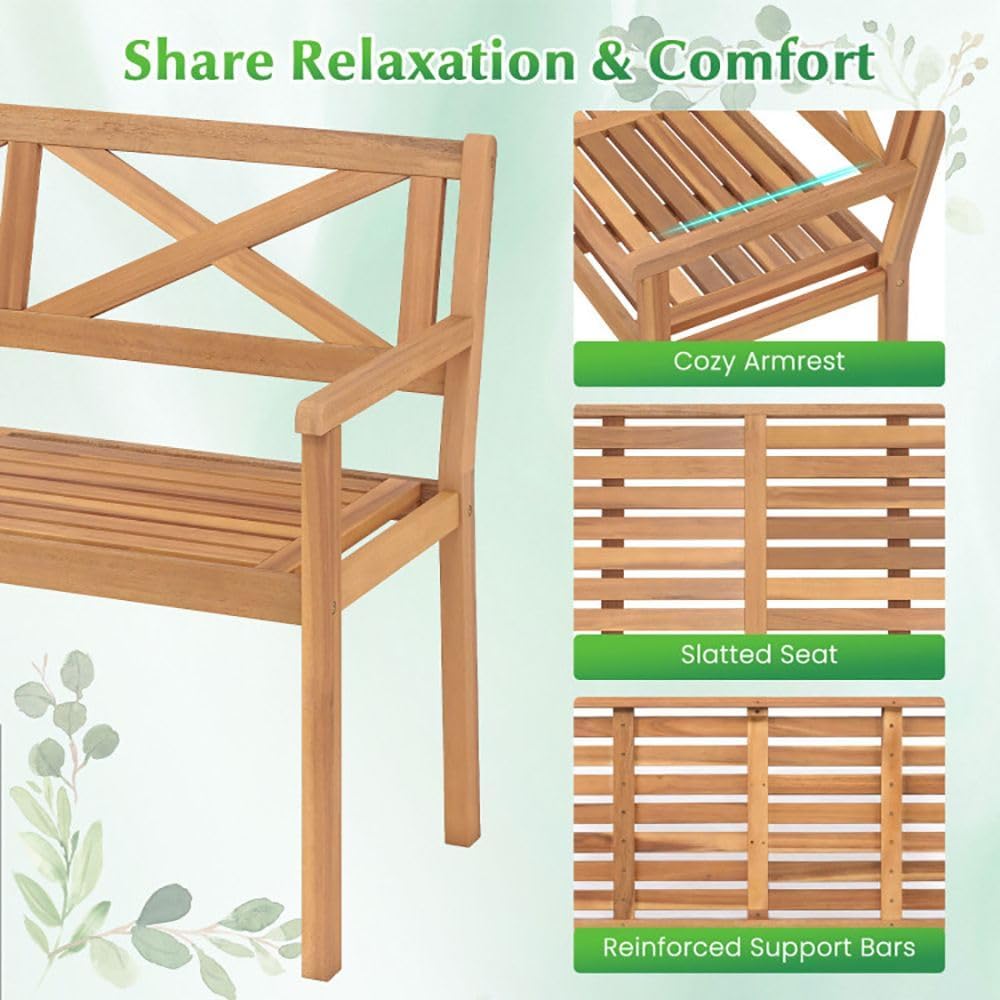 Acacia Wood 2-Person Porch Chair Armrests Backrest 44in Seat Width 800lb Capacity Poolside