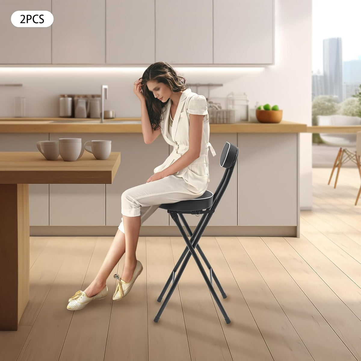 2Pcs-Folding Bar Stool with Back, Black Tall Foldable Chair Counter Height Collapsible Stool PU Leather Padded for Kitchen Island, Restaurant, Bar, Cafe Shop, Outdoor Camping