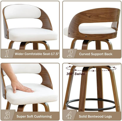 Swivel Counter Height Stools Set of 4, 25" Counter Stools with Bentwood Curved Back Upholstered Seats Mid Century Modern Stools for Kitchen Island, Counter, White