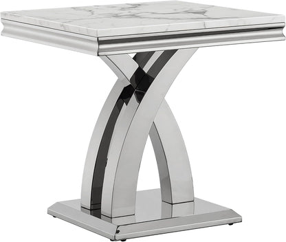 1 Piece Living Room End Table Luxury Faux Marble Sofa Side Table, Modern White Silver End Table with X-Shape Stainless Steel Pedestal Base