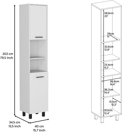 Kitchen Pantry 79" H, Two Open Storage Shelves, Three Internal Shelves, Two Doors, Four Legs, White
